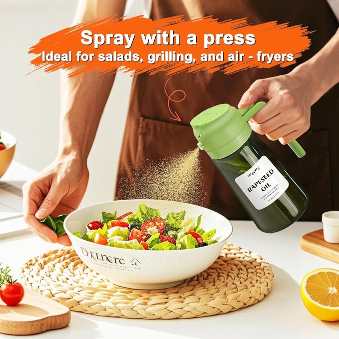 mqnxoi Oil Sprayer for Cooking, 2 in 1 Olive Oil Dispenser Bottle for Kitchen, 16oz/470ml Premium Glass, Food-grade Oil Mister for Air Fryer, Salad, Frying, BBQ (Green + Dark Green Bottle)