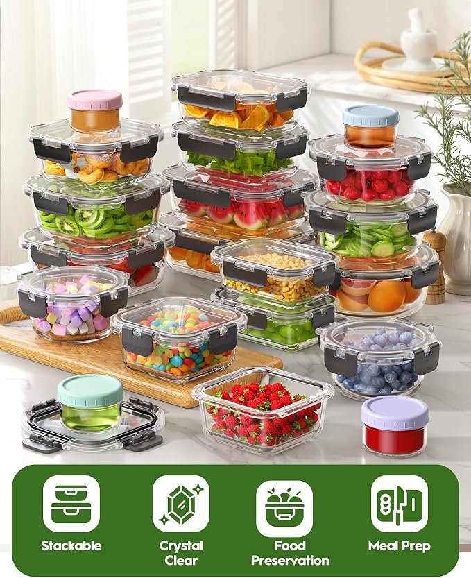 Canfanni 40 Piece Glass Food Storage Containers with Airtight Lids | Borosilicate, BPA-Free, Stackable, Leak-Proof, Meal Prep, Microwave, Dishwasher, Freezer Safe (20 lids & 20 Containers)