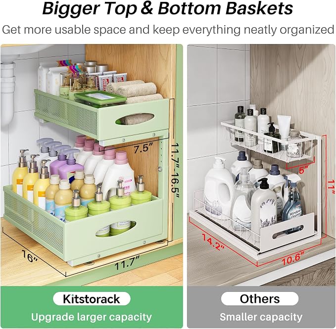 Under Sink Organizer, 1-Pack Pull Out Cabinet Organizer 2 Tier Metal Slide Out Storage Shelf Rack, L-Shaped Adjustable Height,Mesh Sliding Drawer for Kitchen, Bathroom, Laundry, Pantry, Green, XL