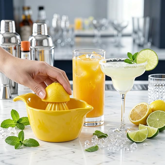 4 inch Ceramic Lemon Squeezer - Manual Citrus Juicer with Handle and Easy Pour Spout for Lemon, Orange, Lime&Grapefruit -Easy to Clean Hand Press Juicer,Microwave & Dishwasher Safe,Lead-Free (Yellow)