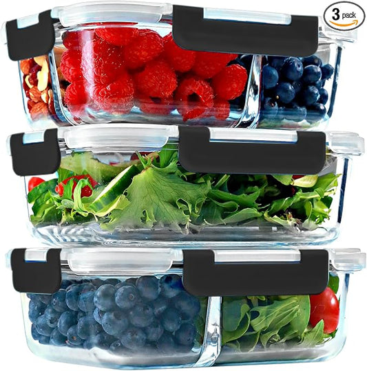 Glass Meal Prep Containers 1 & 2 & 3 Compartments, Airtight, 35 oz, 3 Pack | Bento Lunch Box, Stackable Portion Control Food Storage Containers for Adults, Divided, Microwave Oven Freezer Safe, Black
