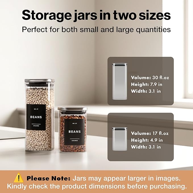 Glass Pantry Storage Jars Containers with Stainless Steel Lids and Labels | 12 Pack Extra Thick Square Glass Canisters with Stainless Steel Lids and Pantry Labels keeps Goods Fresh & Organized