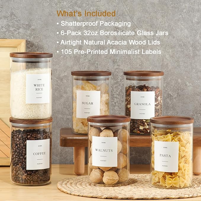 6 Pack Glass Jars with Acacia Lids, 32oz Pantry Airtight Storage Containers | Glass Kitchen Canisters with 105 Labels, Food Storage Containers for Pantry with Wood Lids for Coffee, Tea, Sugar, Pasta