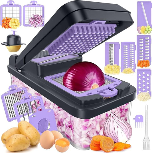 MealHelper 12-in-1 Vegetable Chopper, 7 Blade Veggie Chopper, Practical Food Chopper with Container, Cheese Grater, Home Essentials & Kitchen Gadgets(Purple)