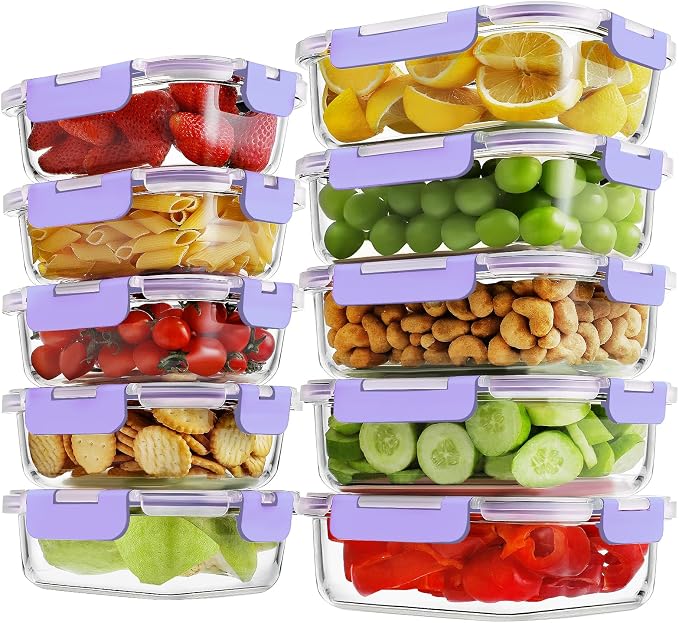 HOMBERKING 10-Pack Glass Meal Prep Containers, 36 oz/14 oz, Locking Lid Set | Borosilicate Glass Food Storage Containers Set, Airtight Lunch Bento Boxes, BPA-Free, Dishwasher Freezer, Oven Safe-Purple