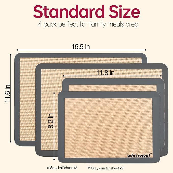 4 Pack Silicone Baking Mat, Non-Stick Silicone Baking Sheet, Food Safe, 480℉ Heat Resistant, 2 Half & 2 Quarter (Grey) | Food Safe, 480℉ Heat Resistant, 2 Half & 2 Quarter (Grey)