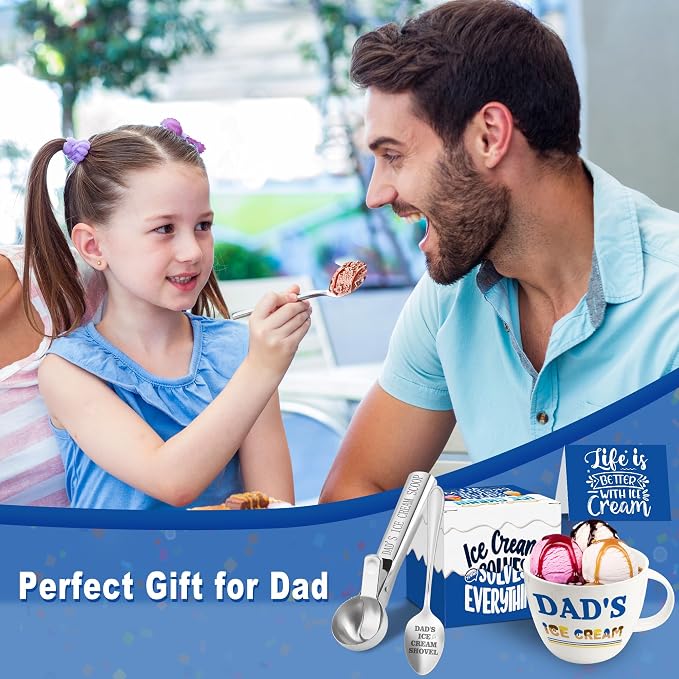 Dad Gifts, Fathers Day Birthday Gifts for Dad from Daughter Son, Dad's Ice Cream Bowl Scoop Shovel Spoon Set, Ice Cream Present for Daddy Him Man