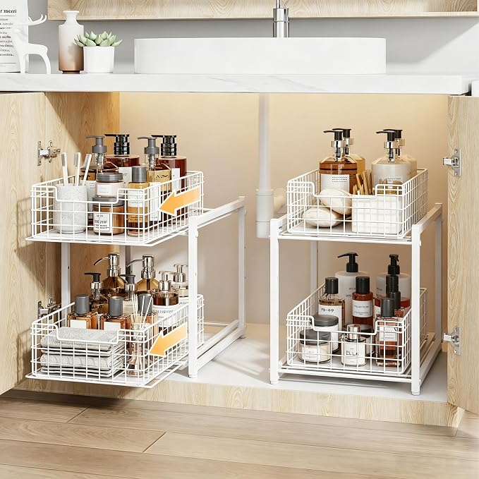 Under Sink Organizer, 2-Tier Pull Out Cabinet Organizer, Kitchen Bathroom Organizer and Storage, Spice Rack for Kitchen, Multi-use Sliding Drawers Shelves (1, white)