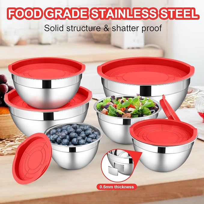 LIANYU Mixing Bowls with Lids Sets of 6, Large 7, 3.5, 2.5, 2, 1.5, 1QT | Stainless Steel Metal Nesting Salad Bowl, Ideal for Kitchen Prepping, Cooking, Freezer Storage, Dishwasher Safe, Red