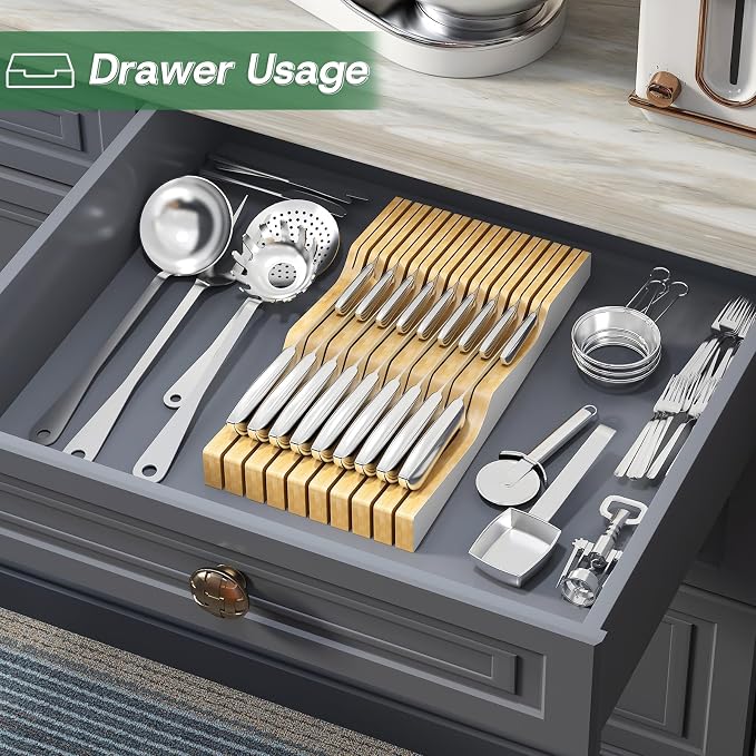 Large Drawer Knife Organizer Insert, Bamboo Wood Knife Holder, Knife Block Hold up To 19 Knives