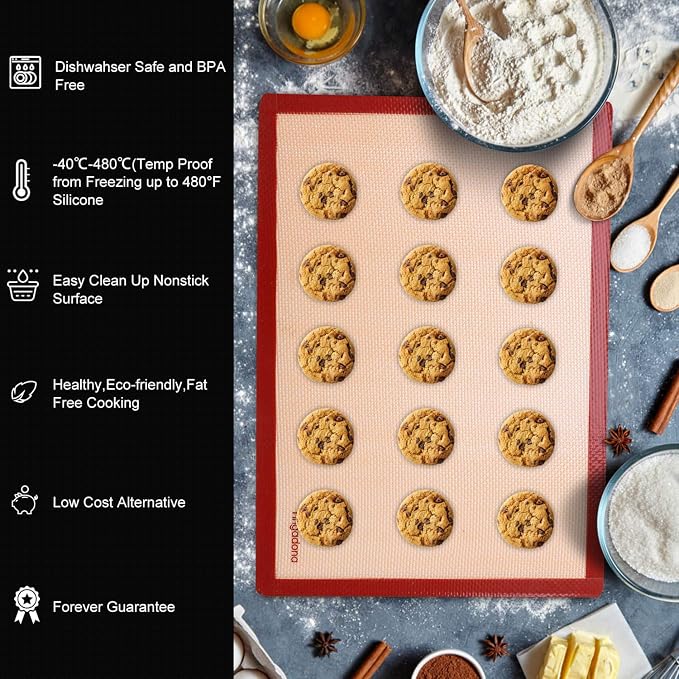 Silicone Baking Mats Set of 6, Food Grade Non-stick Reusable Baking Mat, Silicone Baking Slip Mat Oven Liner Sheet, Round & Square Cake Pan Mat, Pastry Board Rolling Dough Mats for Macaron Cookie