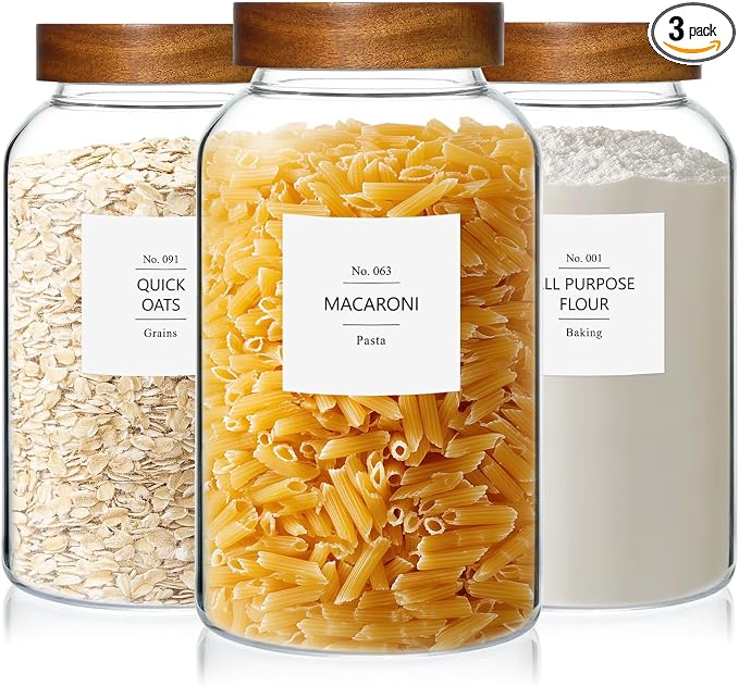 KEYWING 88oz Glass Jars w/Acacia Lids for Flour & Sugar Storage Containers | 3Pcs Large Airtight Food Storage Containers , Pantry Organizers for Rice, Pasta, Cereal, Cookies –88 fl.oz with 126 Labels