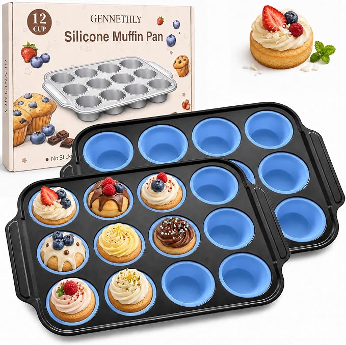 2 Pack Silicone Muffin Pans for Baking, 12-Cup Muffin Tin with Metal Frame | 2 Pack value, 12-Cup muffin pans, Reinforced metal frame, Easy release cups, Nonstick silicone, Oven & dishwasher safe