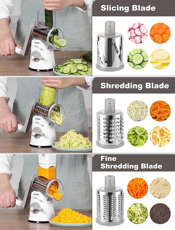 Geedel Rotary Cheese Grater Cheese Shredder - Upgraded 5-in-1 Cheese Grater with Handle and Strong Suction Base, Multi-purpose Vegetable Slicer Ice Shaver Nuts Grinder for Cheese, Vegetables, Ice