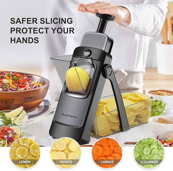 SupMaKin Upgrade Larger Safe Mandoline Slicer with Cheese Grater Potato Slicer for Chips, Vegetable Slicer,Thickness Adjustable 0.1-8 mm, Drain baskets and containers (Only Slicer) Black