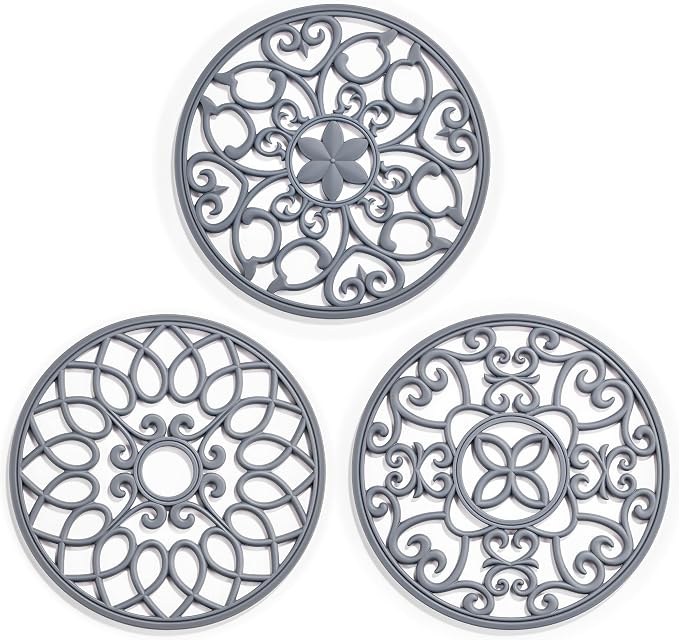 SMARTAKE 3 Set Silicone Trivet Mats for Hot Dishes, Heat Resistant Pots and Pans Holders, Non-Slip Flexible Hot Pads Coasters for Countertops Table, Modern Kitchen Decor Accessories (Grey)