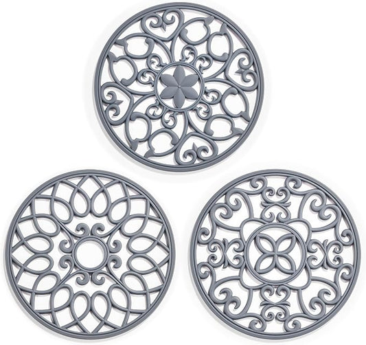 SMARTAKE 3 Set Silicone Trivet Mats for Hot Dishes, Heat Resistant Pots and Pans Holders, Non-Slip Flexible Hot Pads Coasters for Countertops Table, Modern Kitchen Decor Accessories (Grey)