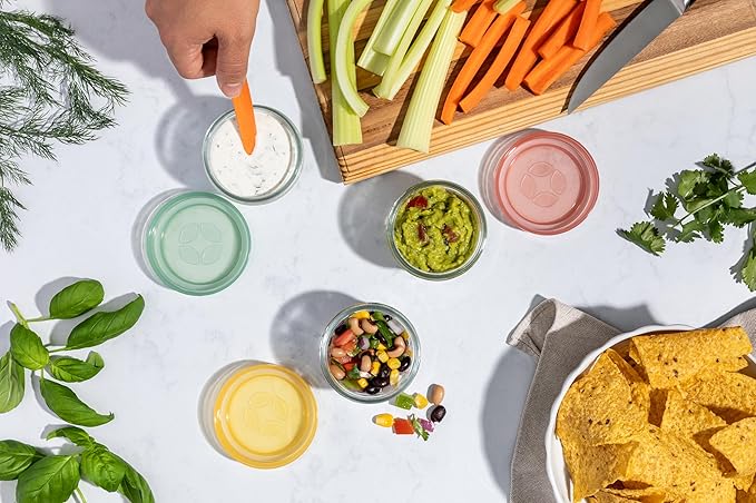 Ello Color Lock 4oz Glass Condiment Containers with Lids, 3 Pack, Desert Festival
