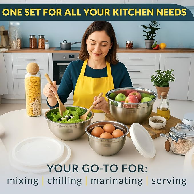 Stainless Steel Mixing Bowls with Lids Set of 3, Nesting Metal, 1.5/3/5 Qt | Mirror-finish interior, dishwasher safe & BPA-free; stack for food prep, baking, storage & serving