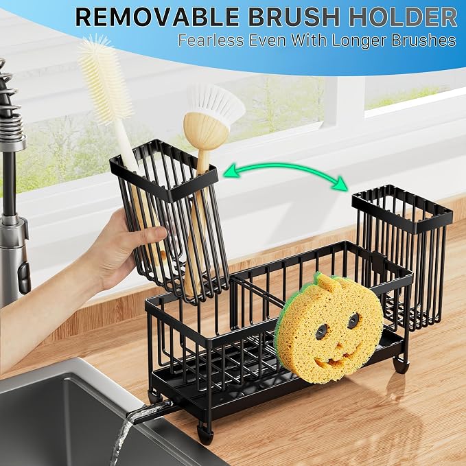 Cisily Sponge Holder for Kitchen Sink, Sink Caddy Organizer with High Brush Holder, Kitchen Countertop Organizers and Storage Essentials, Rustproof 304 Stainless Steel (Black with Smiley Face, 9.25″)