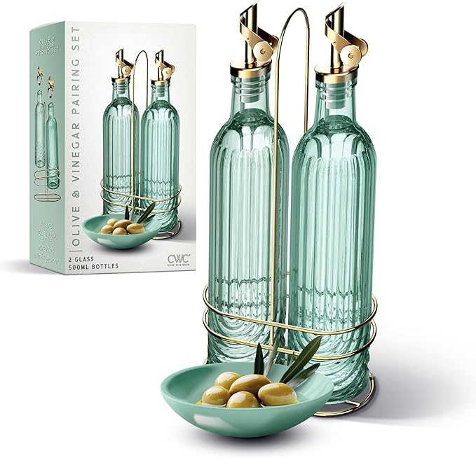 COOK WITH COLOR Glass Olive Oil Bottle Dispenser - 2 Pack- 17oz Oil and Vinegar Cruet - Olive Oil Carafe Decanter for Kitchen, Elegant Fluted, Green