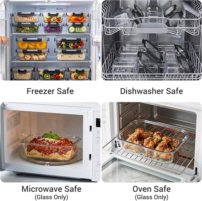 10 Sets 36 oz & 12 oz Glass Food Storage Containers with lids, Black | 20-Piece Airtight Leak-proof Glass Meal Prep Containers with Lids, Microwave Oven Freezer Dishwasher Safe