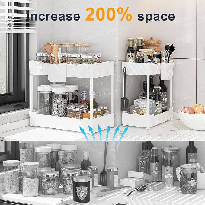 2-Pack Under Sink Organizer with Hooks & Hanging Cup for Kitchen | Multi-use kitchen & bathroom storage, 12.8 inch white cabinet organizer, with hooks and hanging cup for easy access.