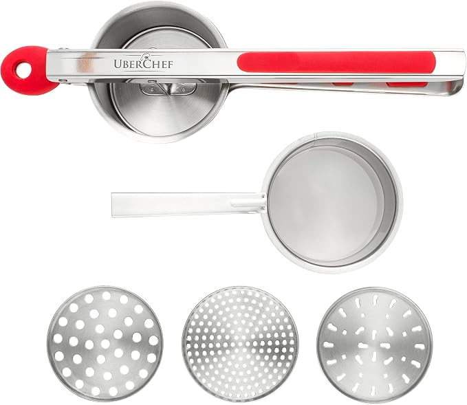 Potato Ricer Set with 3 Ricing Discs (Fine, Medium, Coarse) - Premium Stainless Steel Baby Food Strainer, Fruit Masher, and Food Press with Ergonomic Comfort Grip