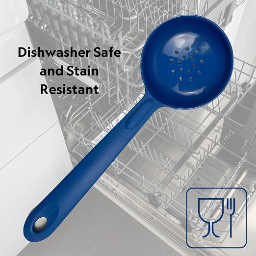 Rite-Size 8 oz. Perforated Round Circle Server Portion Utensil, Copolymer Plastic Heat Resistant Professional Cooking Tool, Blue
