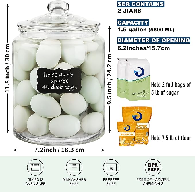 1.5 Gallon Glass Canisters with Airtight Lids, 2 Pack Flour & Cookie Jars | 5.9" Wide Mouth, Heavy Duty Glass Jar, Kitchen & Pantry Storage Containers for Cookie, Flour, Sugar, Rice, Pasta, Beans