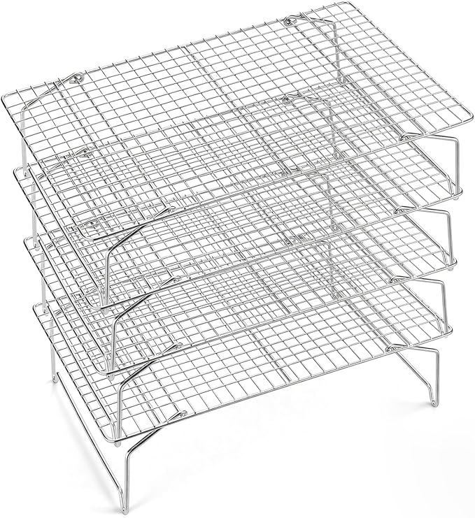 P&P CHEF 4 Tier Stackable Cooling Racks for Cooking and Baking, 15" x 10" | Stainless Steel Stackable Grid Cooling Rack for Cooling Roasting Grilling, Collapsible & Heavy Duty, Oven & Dishwasher Safe