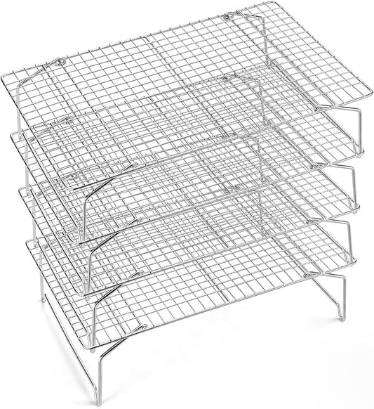 P&P CHEF 4 Tier Stackable Cooling Racks for Cooking and Baking, 15" x 10" | Stainless Steel Stackable Grid Cooling Rack for Cooling Roasting Grilling, Collapsible & Heavy Duty, Oven & Dishwasher Safe