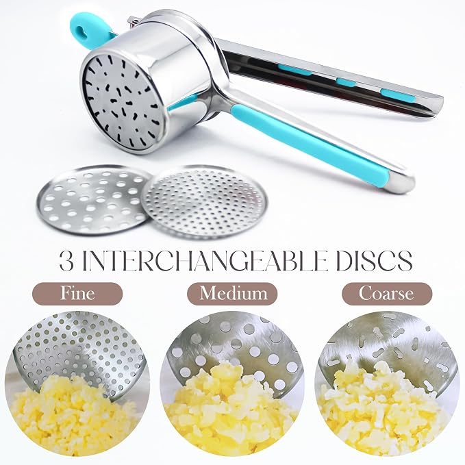 Bellemain Potato Ricer 15 oz with 3 Interchangeable Discs Mash Potato Masher Stainless Steel, Sweet Potato Masher Kitchen Tool Spaetzle Maker Press, Khuon Banh Lot, Spaetzle Noodle(AQUA BLUE), Medium