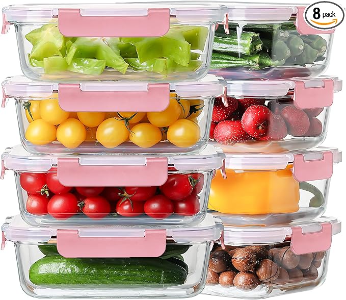 8-Pack 36oz Large Glass Meal Prep Containers with Leakproof Snap-Lock Lids | Borosilicate Glass Food Storage Containers and Bento Boxes , BPA-Free, Oven, Freezer and Dishwasher Safe-Pink