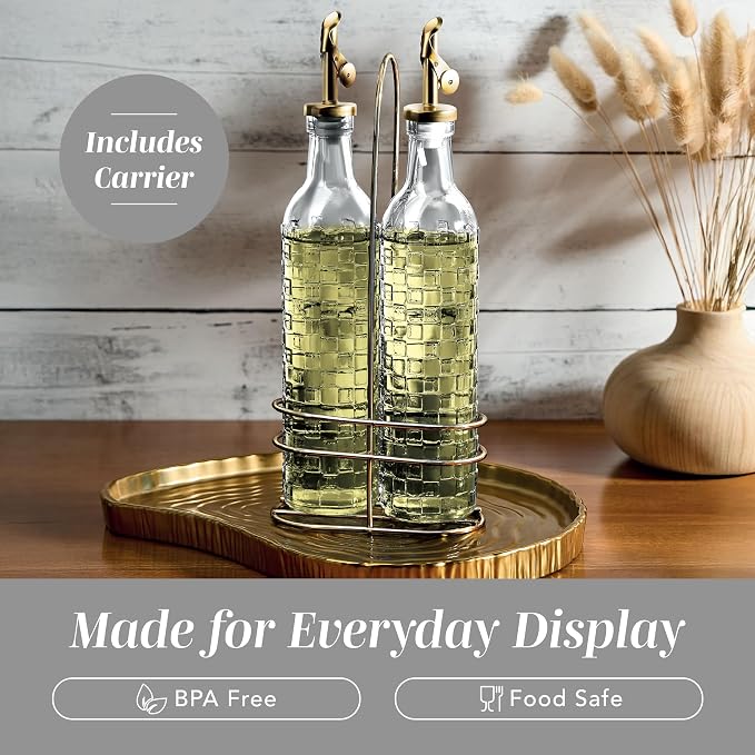 COOK WITH COLOR Glass Olive Oil Bottle Dispenser - 2 Pack- 17oz Oil and Vinegar Cruet - Olive Oil Carafe Decanter for Kitchen, Checkered, Clear
