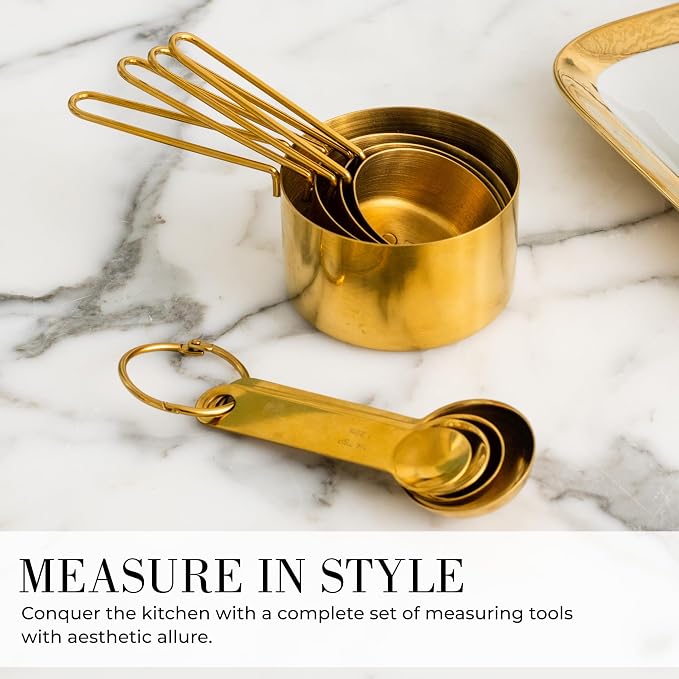 STYLED SETTINGS Gold Measuring Cups and Spoons Set – Stackable 8-Piece Brass Measuring Cups and Spoons – Stylish and Sturdy Gold Kitchen Accessories for Baking and Cooking