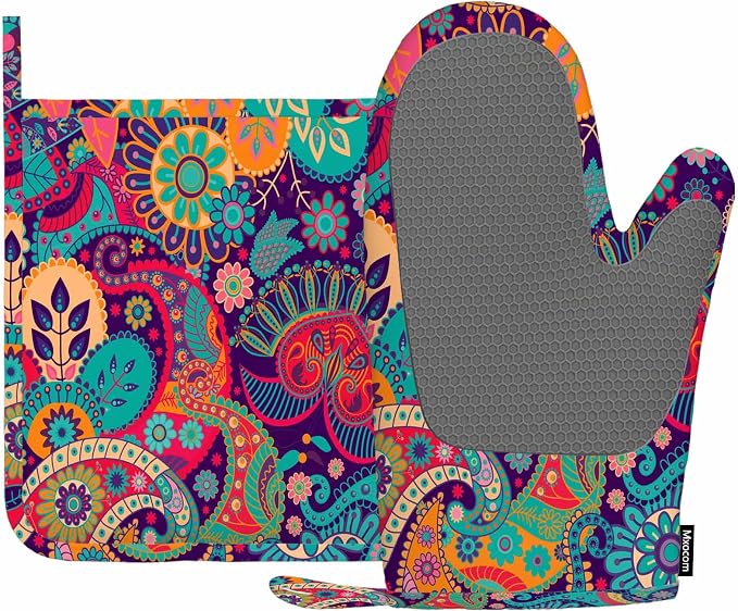 Mxocom Colorful Flowers Silicone Oven Mitts and Pot Holders Sets Exotic Curly Ethnic Fantastic Floral Colorful Artistic BBQ Gloves for Kitchen,Cooking,Baking,Grilling