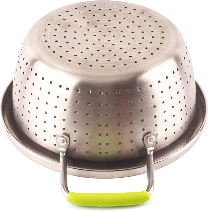 Stainless Steel Deep Colander Micro-perforated 2.5 Quart Metal Food Strainer with Green Silicone Handles for Draining Pasta Cleaning Food like Fruit