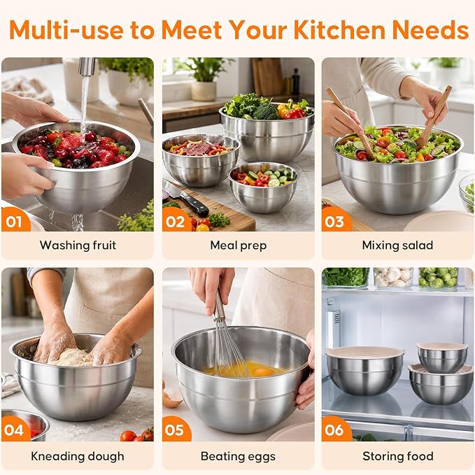Stainless Steel Mixing Bowls with Lids Set, 4 Pack Cooking Bowls | Nesting Mixing Bowls with 3 Grater Attachments, Kitchen Airtight Metal Bowls, Size 4.5, 2.7, 1.5, 0.7QT for Mixing, Baking