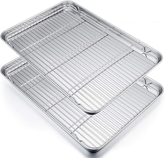 P&P CHEF 19.6 Inch Baking Sheet with Rack Set, Pans with Flat Racks | 2 Baking Sheets + 2 Cooling Wire Racks, Dishwasher & Oven Safe, Non-toxic & Lasting Use, Fit for Regular Oven