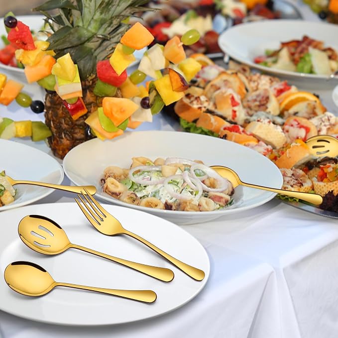 Homikit Stainless Steel Gold Serving Utensils Set of 6, 8.7 Inch Metal Serving Spoons Slotted Spoons Forks Hostess Set for Catering Buffet Party Banquet Restaurant, Mirror Polish, Dishwasher Safe