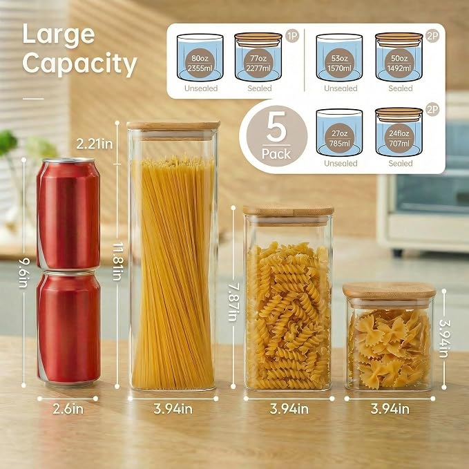 HomArtist Square Glass Jars with Bamboo Lids [Muti Size Set of 5], Glass Canisters with Airtight Lids, Glass Food Storage Containers for Pasta, Cereal, Flour, Sugar, Best for Kitchen & Pantry | 79oz/53oz/27oz Airtight Jars for Pantry & Kitchen, Durable...