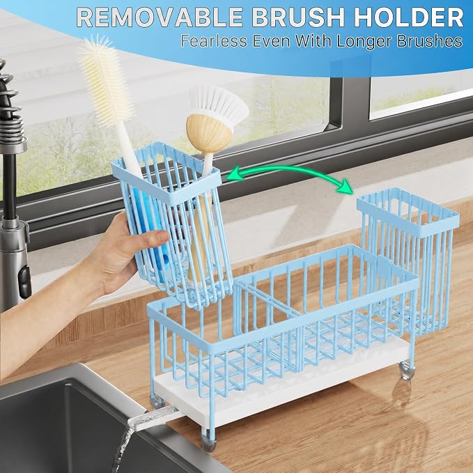 Cisily Sponge Holder for Kitchen Sink, Sink Caddy Organizer with High Brush Holder, Kitchen Countertop Organizers and Storage Essentials, Rustproof 304 Stainless Steel (Blue, 9.25″)