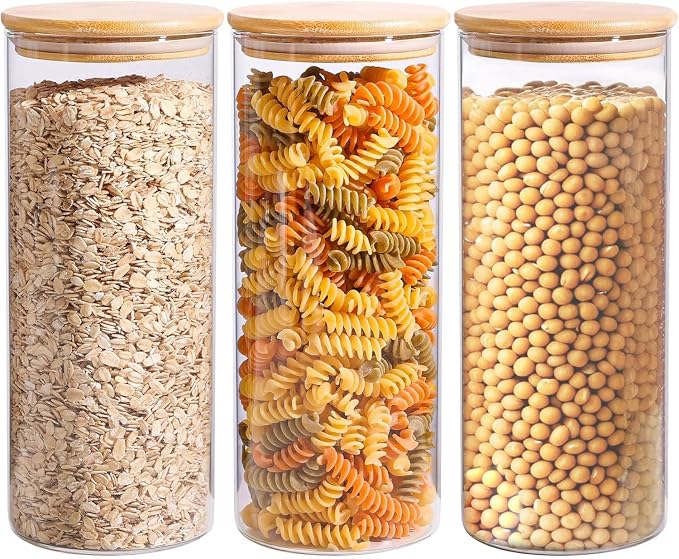 ComSaf Glass Storage Containers wtih Lids 1.7 Qt, 3 Pack Glass Storage Jars | Glass Containers with Bamboo lids, Glass Canisters 54oz, Kitchen Cabinet Storage, Tea, Spice, Coffee, Dry Food, BPA Free