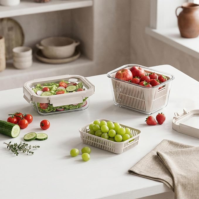 Glass Fruit Storage Containers for Fridge, 2 Pack Produce Containers with Removable Colanders & Vent Glass Lids, Airtight Fruit & Vegetable Storage, BPA Free Borosilicate Glass
