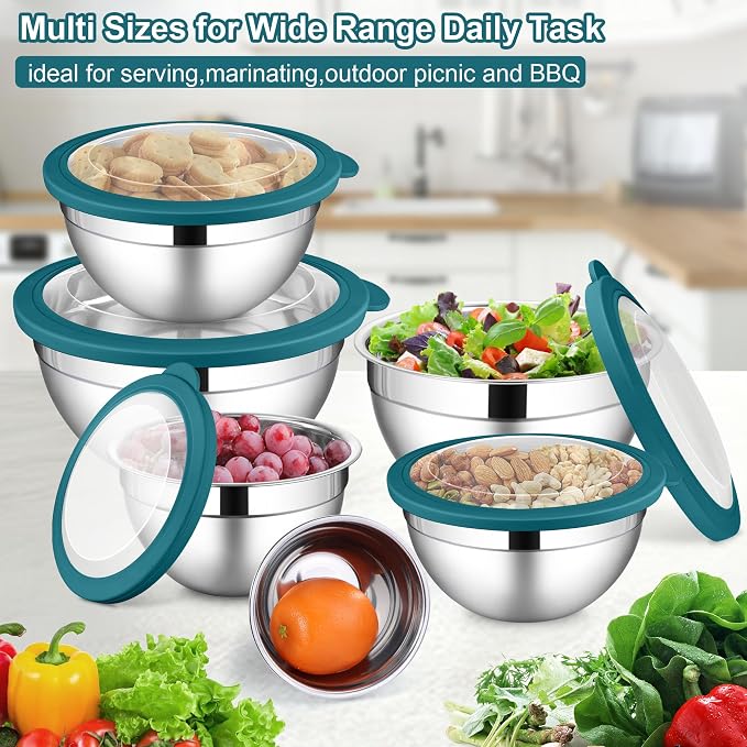 LIANYU 6 PCS Stainless Steel Mixing Bowls, Large 7, 3.5, 2.5, 2, 1.5, 1QT | Deep Metal Nesting Bowls, Kitchen Serving Bowls with Visible Lid, Ideal for Baking Cooking Prepping Food Storage, Dark Blue