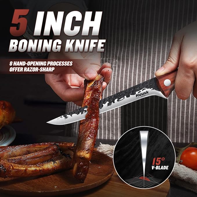 Huusk Boning Knife for Meat Cutting Deboning Butchering,Japanese Fillet Knives with Sheath,Brisket Trimming Knife,Full Tang Hand Forged Camping BBQ 5 Inch Gift for Dad
