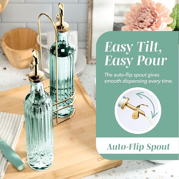 COOK WITH COLOR Glass Olive Oil Bottle Dispenser - 2 Pack- 17oz Oil and Vinegar Cruet - Olive Oil Carafe Decanter for Kitchen, Elegant Fluted, Green