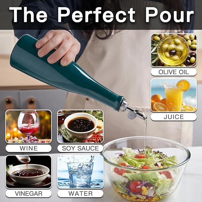 YOLIFE Olive Oil Dispenser Bottle, 17oz/500ml Ceramic Oil Bottle (Green) | Oil Dispenser with Gravity Spout, Leak Proof EVOO Dispensing Bottle with 2 Spouts and 1 Funnel for Vinegar, Kitchen