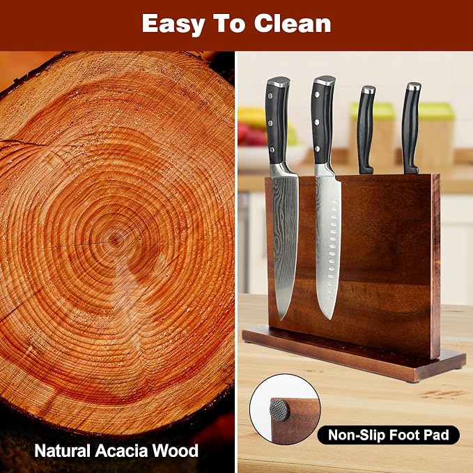 Magnetic Knife Block Double Sided Magnetic Knife Holder Rack with Strong Enhanced Magnets Acacia Wood Magnetic Knife Storage Stand-Dark Brown